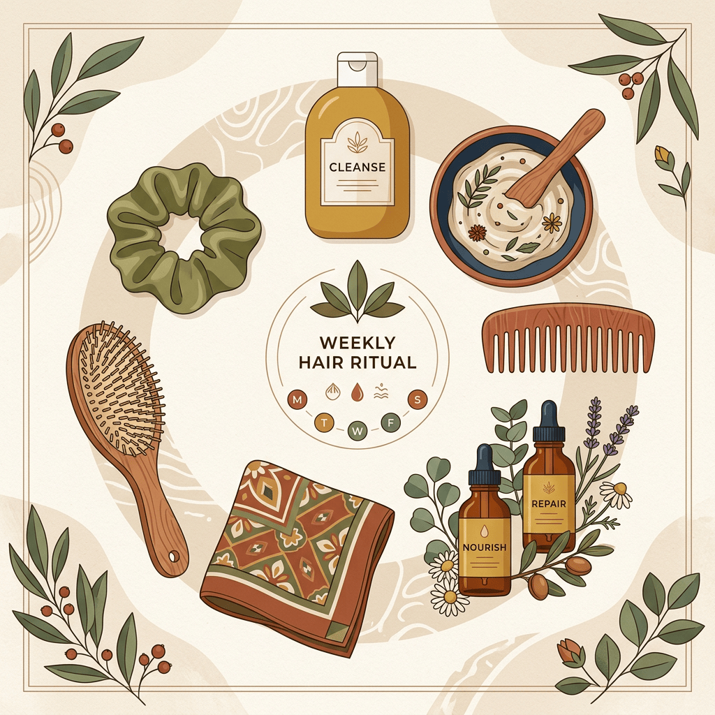 Current image: Illustrated weekly hair ritual with cleanse, nourish, and repair products