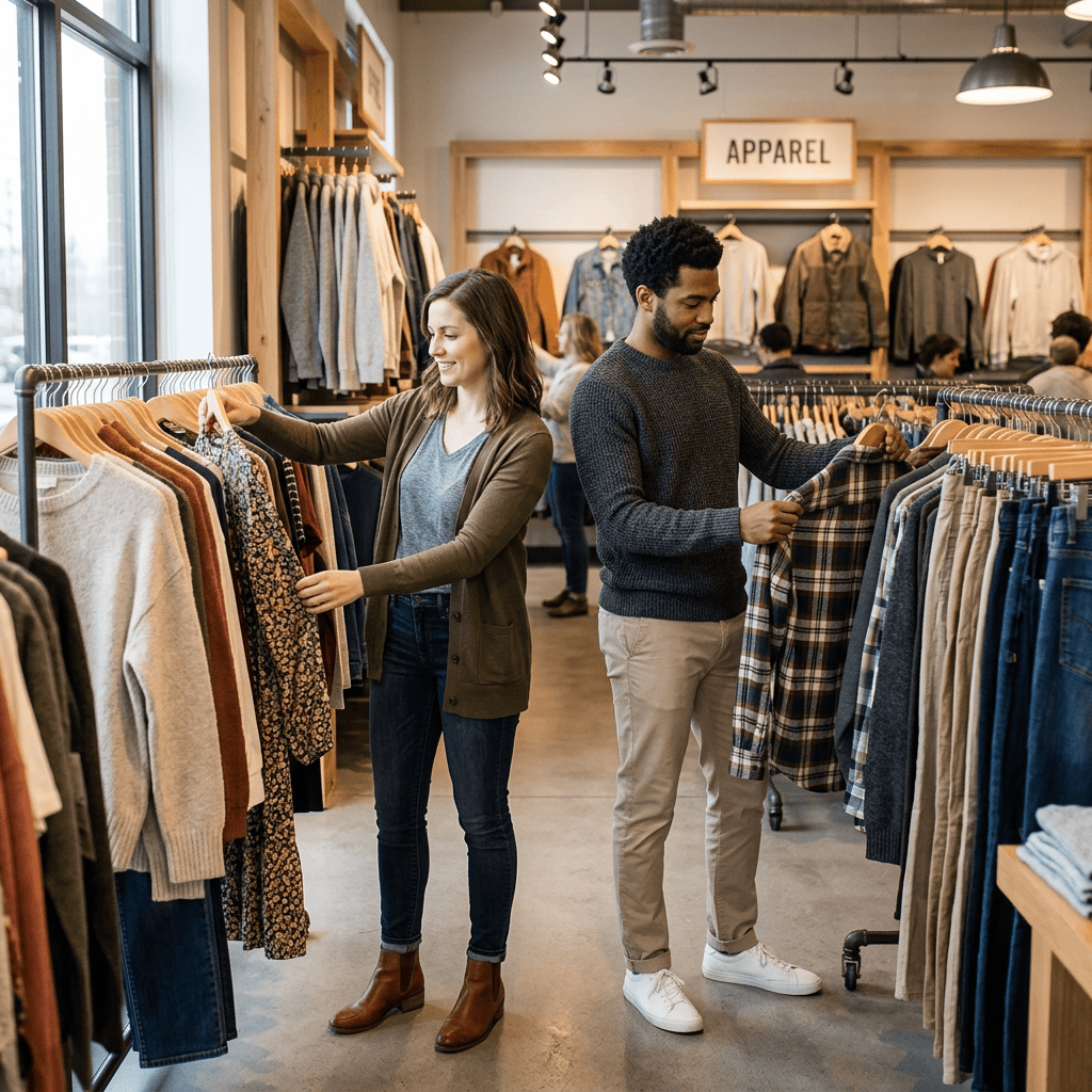 Two shoppers browsing clothing racks in an apparel store