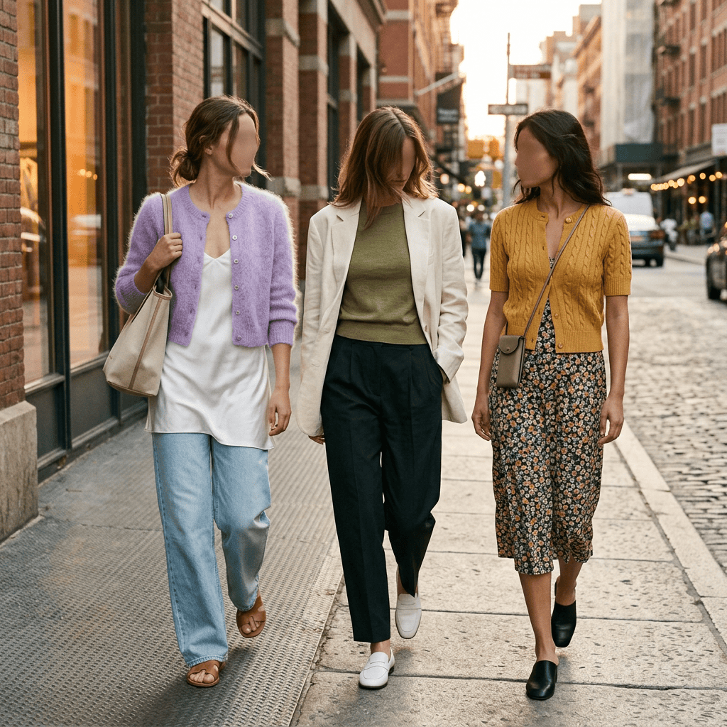 Three women walking together on a city sidewalk in coordinated casual outfits