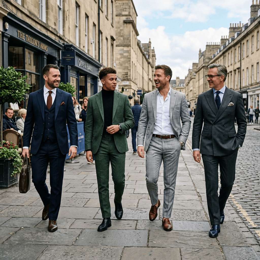 Four men in tailored suits walking along a historic city street