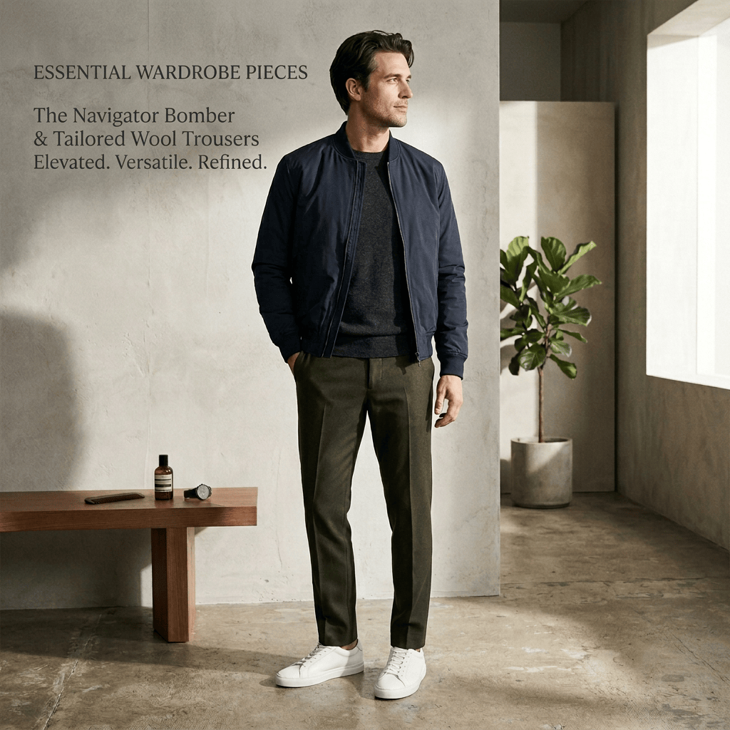 Man wearing navy bomber jacket, dark sweater, wool trousers, and white sneakers