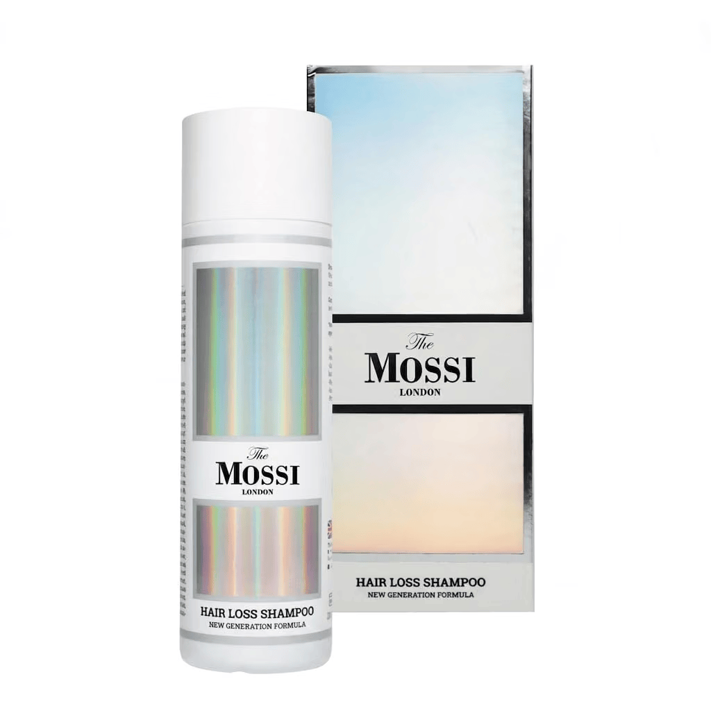 A bottle of The Mossi London hair loss shampoo beside its packaging, featuring a modern design with a holographic label and pastel-colored box.