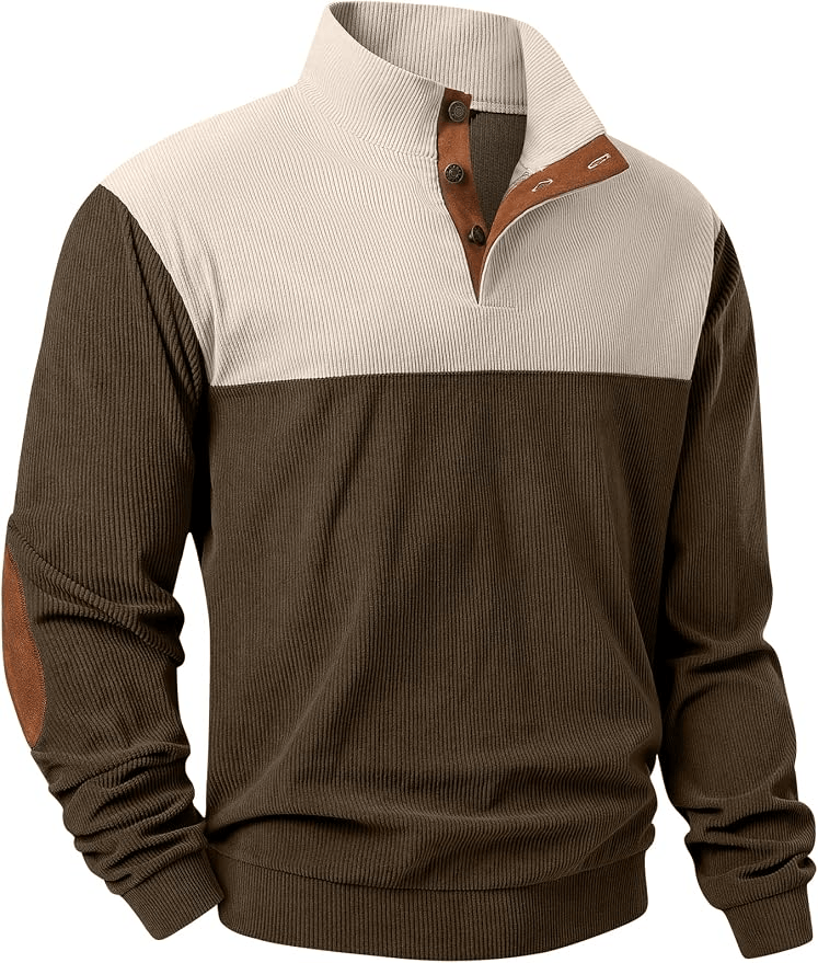 A men's long-sleeve polo sweater featuring a light cream upper section and a dark brown lower section, with a short collar and three buttons at the neck, and elbow patches in a matching brown color.