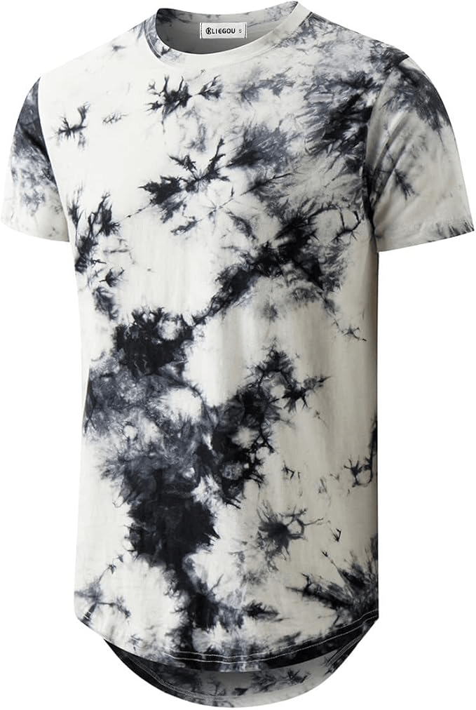 A short-sleeved t-shirt featuring a black and white tie-dye pattern, with a rounded hem and a relaxed fit.