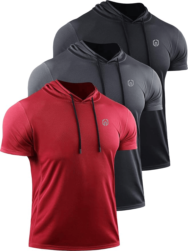 Three short-sleeve hooded t-shirts in red and two shades of gray displayed together.