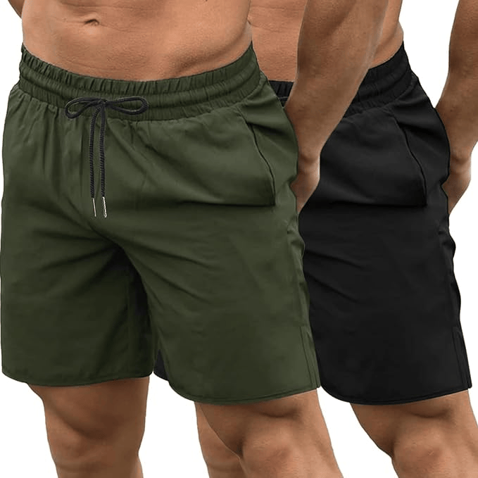 A close-up of two men wearing athletic shorts, one in olive green and the other in black, showcasing a drawstring waistband and side pockets.
