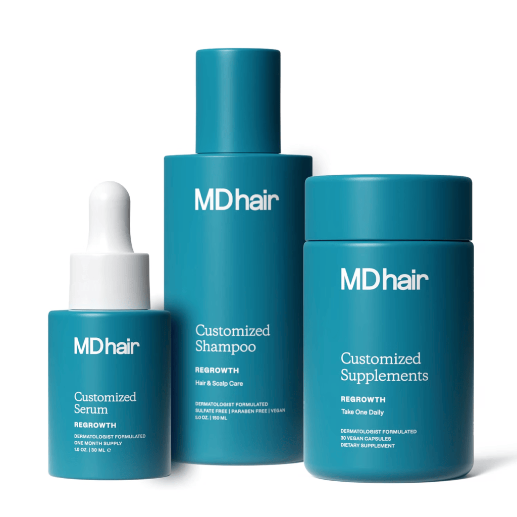 Three MDhair products for hair regrowth: a dropper bottle of customized serum, a bottle of customized shampoo, and a container of customized dietary supplements, all featuring teal packaging.