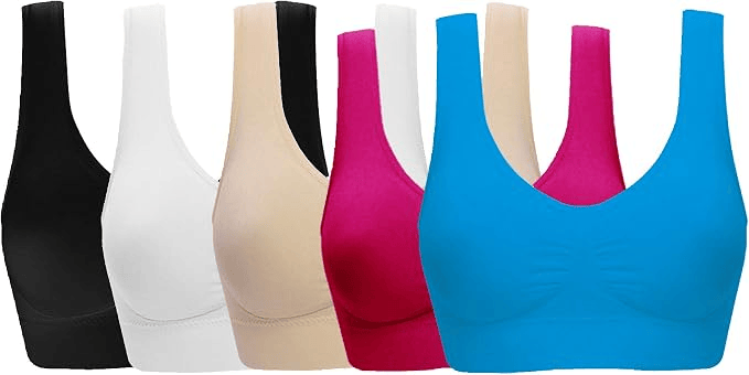A collection of six women’s bras in various colors: black, white, nude, pink, and blue, showcasing a simple and comfortable design.