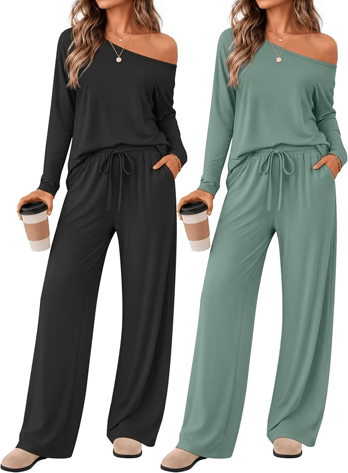 A woman wearing a black off-shoulder top and matching wide-leg pants holding a coffee cup on the left, and another woman wearing a green off-shoulder top and wide-leg pants holding a coffee cup on the right.