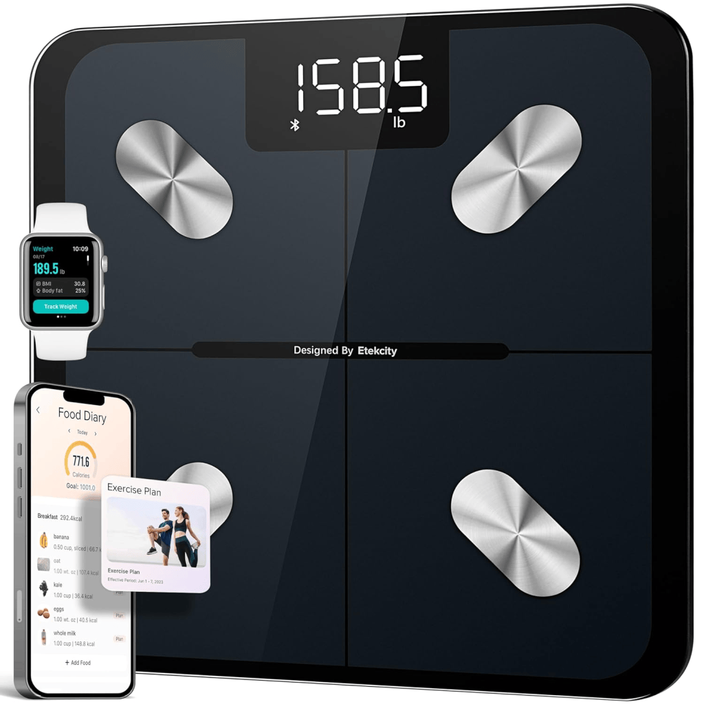 A digital bathroom scale displaying a weight of 158.5 lb, featuring a sleek design with silver accents. Included are a smartwatch and smartphone showing health statistics and a food diary app.