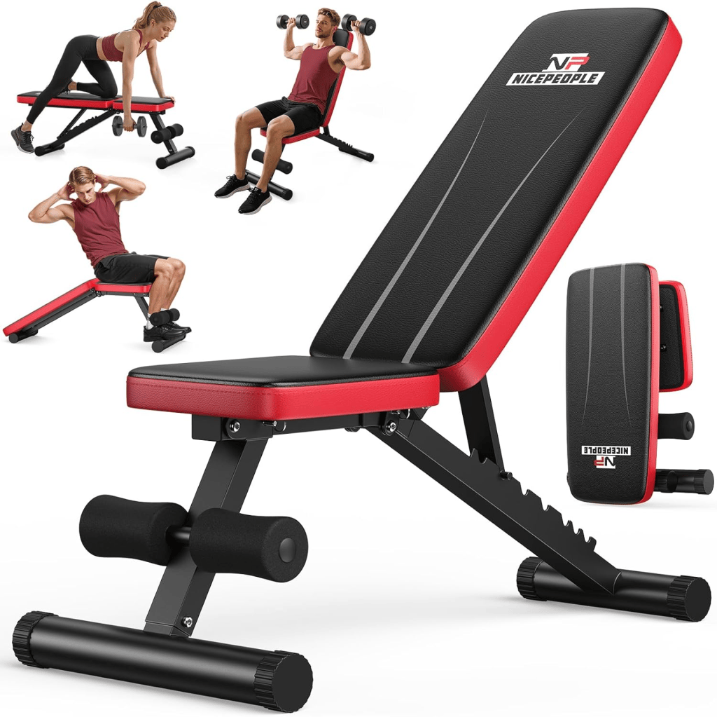 Adjustable weight bench with a black and red design, shown with individuals performing various exercises like dumbbell presses and sit-ups.