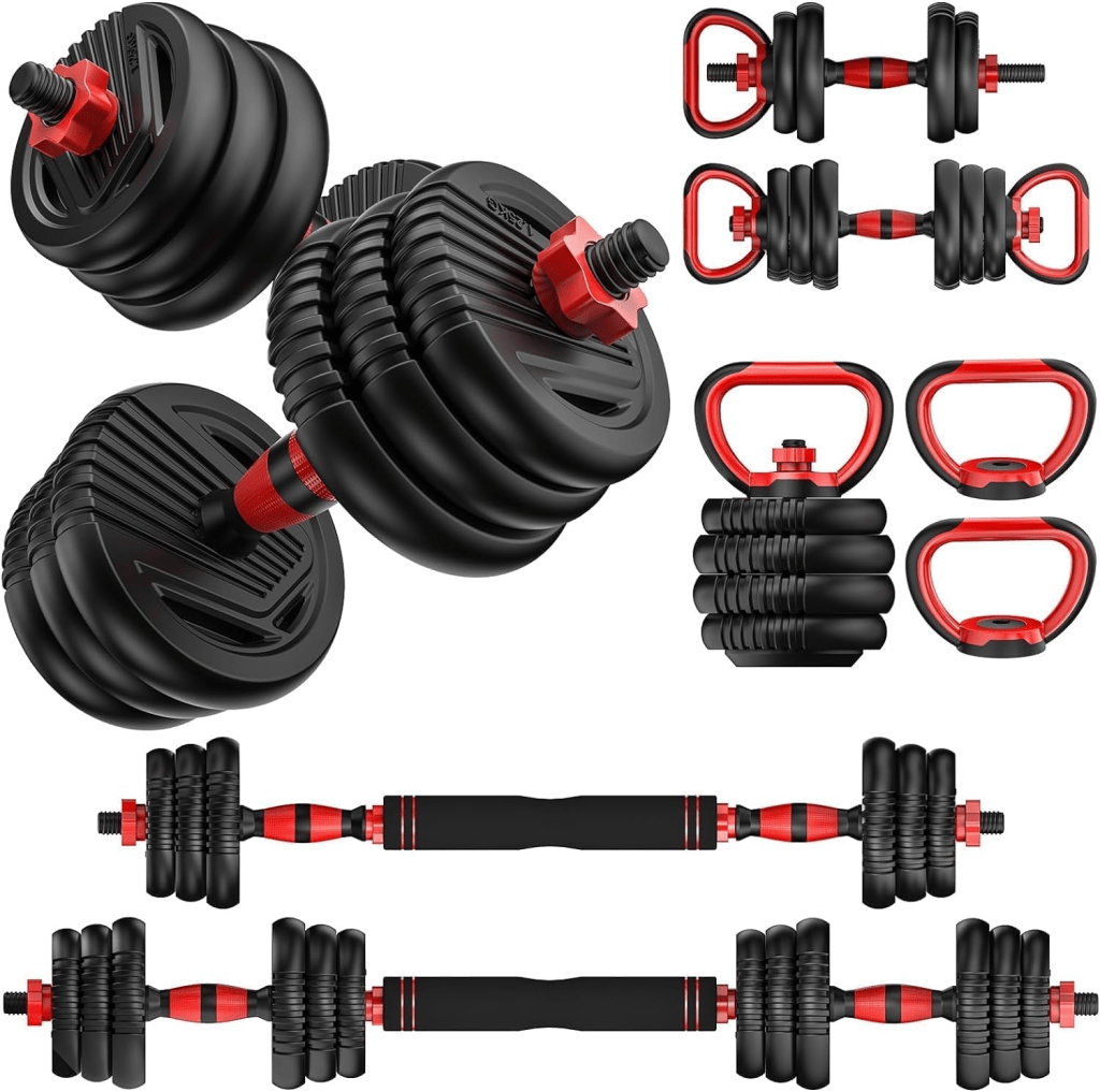 Set of adjustable dumbbells in black and red color, featuring various weights and handles for strength training.