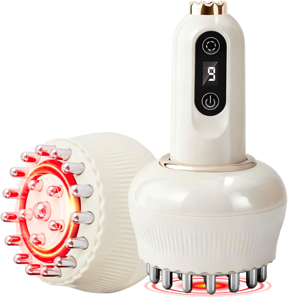 A handheld device with a round head featuring multiple metal pins and LED lights, designed for skin or hair treatment, displaying a digital control panel.