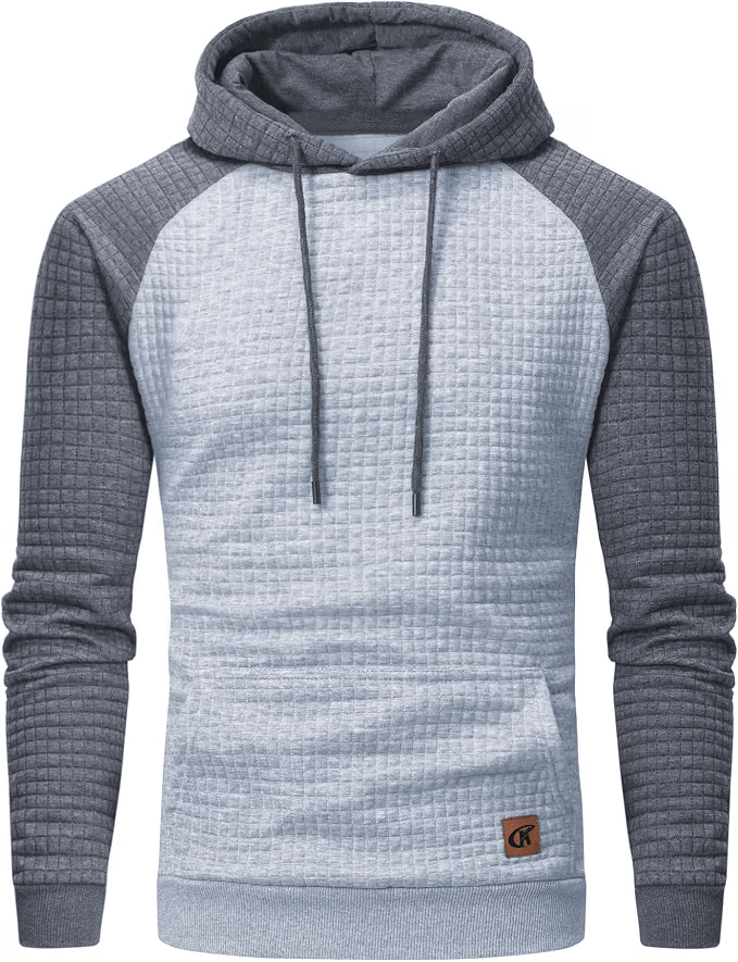 Men's hoodie with a quilted design, featuring a light gray body and dark gray raglan sleeves, adjustable drawstrings, and a front pocket.
