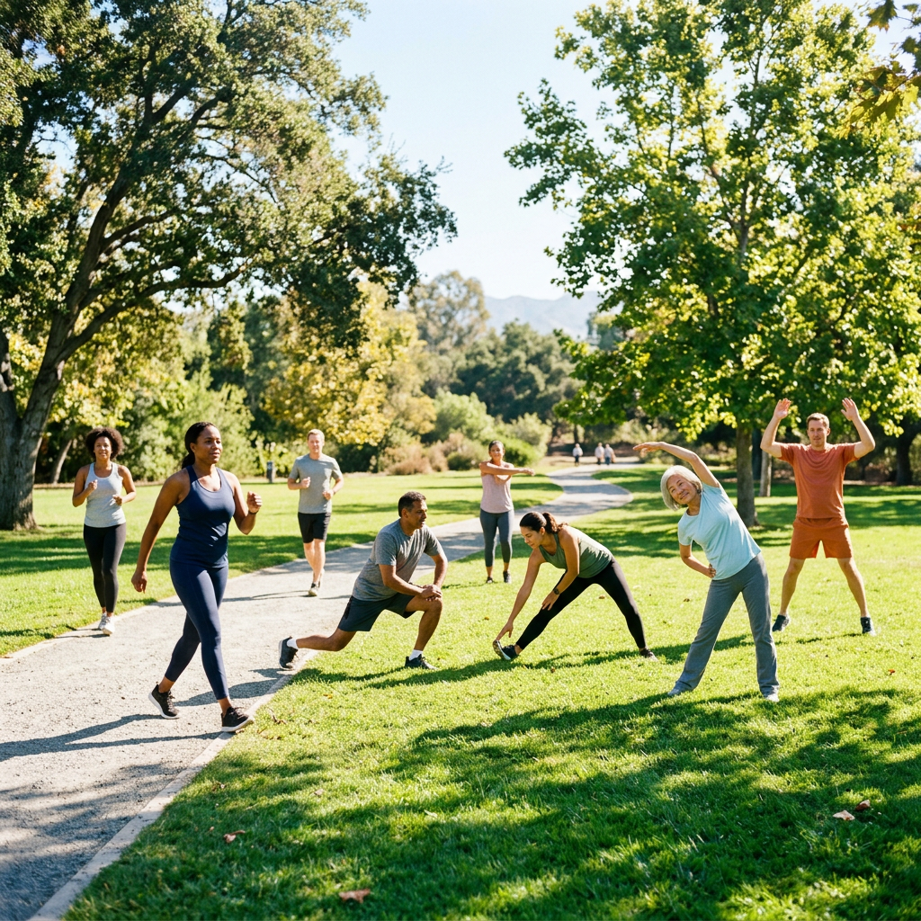 Diverse group exercising and stretching in a sunny park