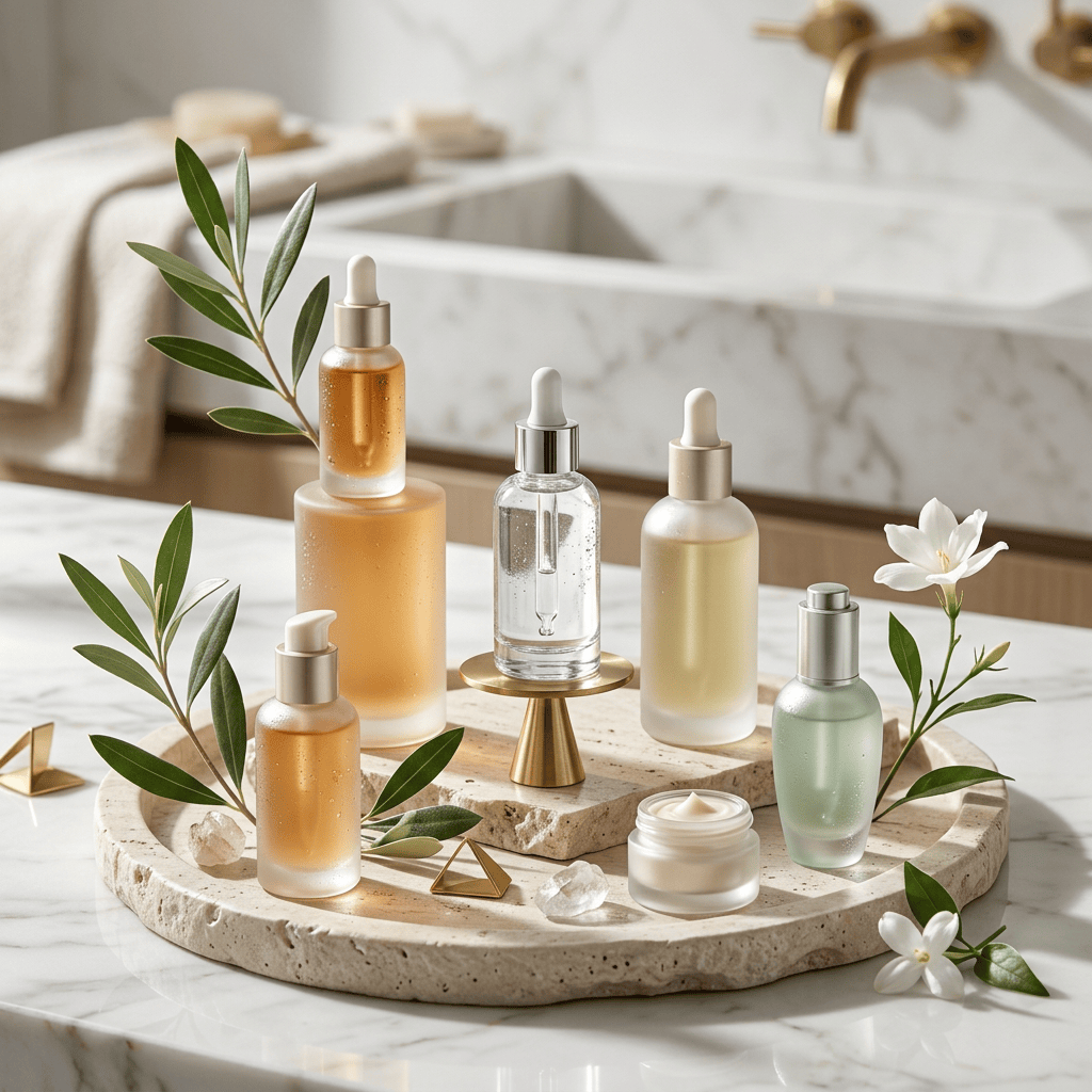 Skincare bottles, cream jar, flowers, and olive branches on a stone tray
