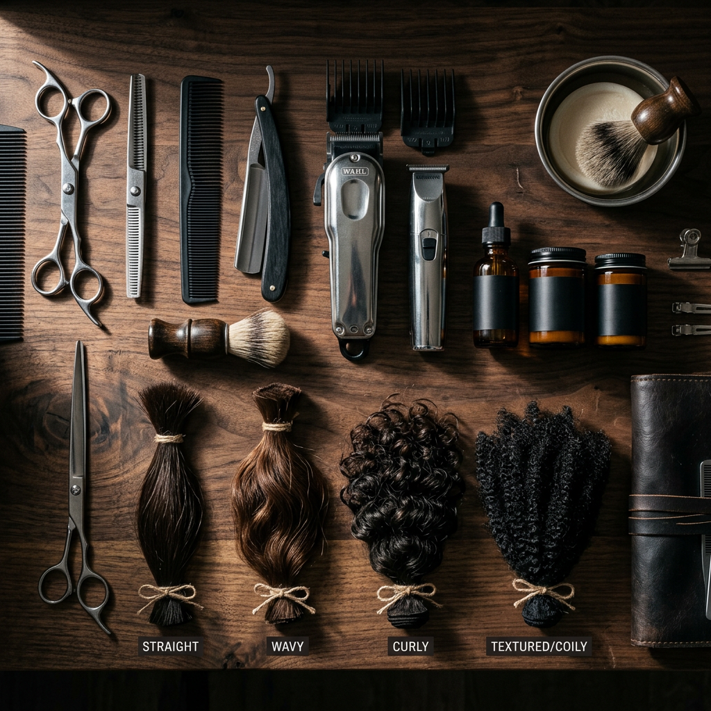 Barber tools with hair samples labeled STRAIGHT, WAVY, CURLY, TEXTURED/COILY