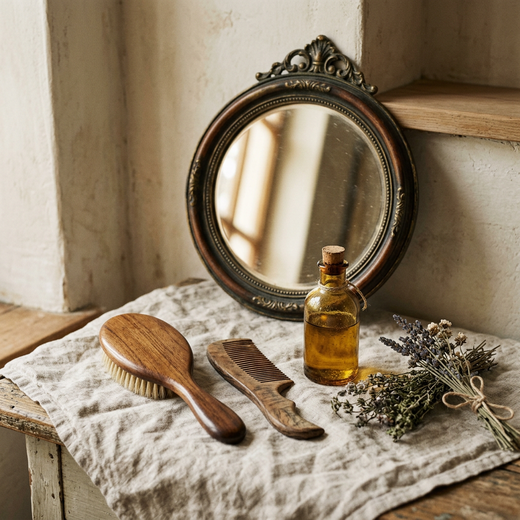 Vintage hair care still life with wooden brush