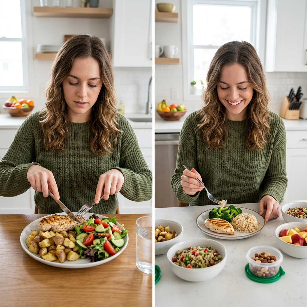 Split image of woman preparing and eating balanced meals