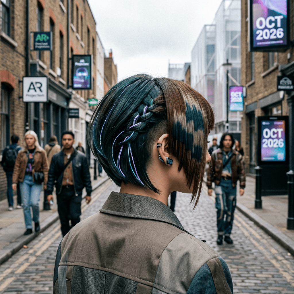 Person with braided teal hair on street marked AR and OCT 2026
