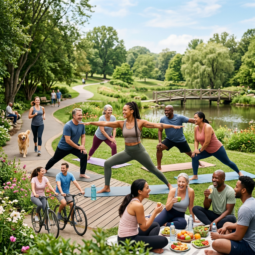 Diverse group exercising and picnicking beside a pond in a park