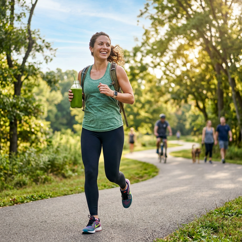 Smiling woman running on a park path with a green smoothie
