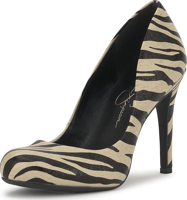 Close-up of a stylish high-heeled pump with a beige and black zebra stripe pattern.