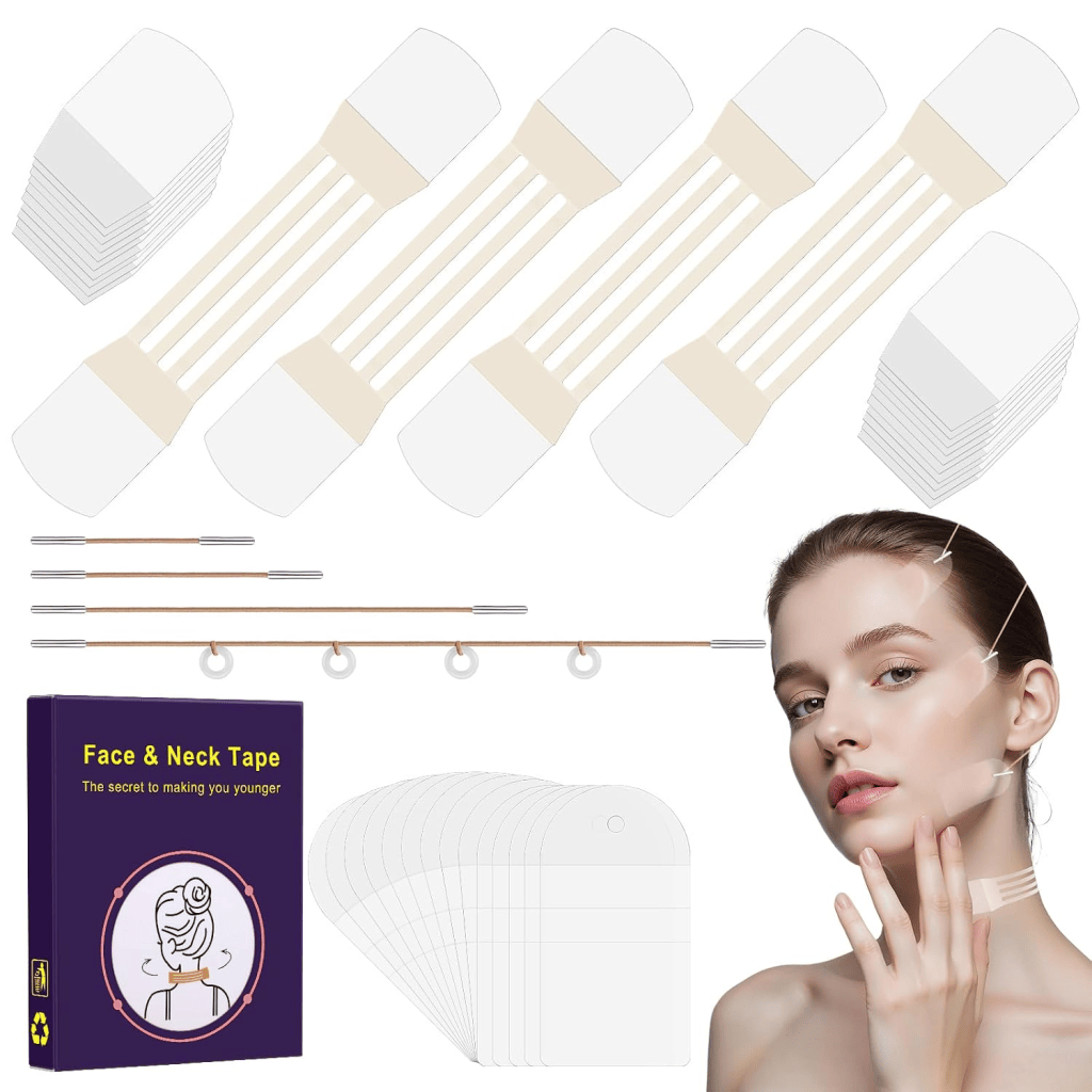A collection of face and neck tape products, including adhesive strips, applicators, and a user guide, with a model demonstrating its use for skin tightening.