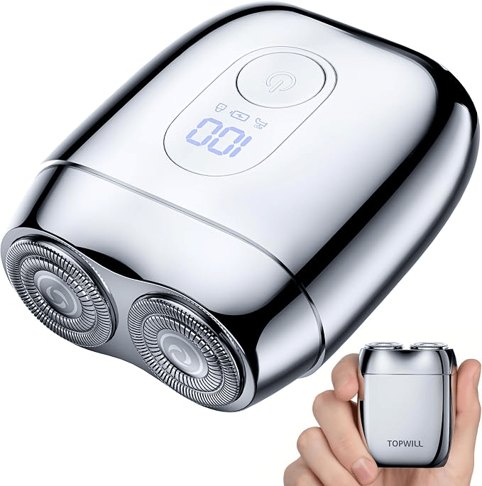 A sleek, silver electric shaver with a digital display, featuring dual shaving heads and a compact size, held in a hand.