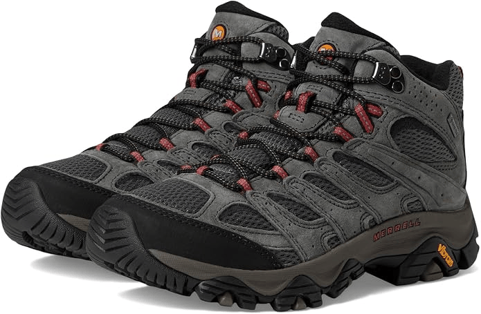 A pair of gray and black hiking shoes featuring durable materials, lace-up design, and rugged soles for outdoor activities.