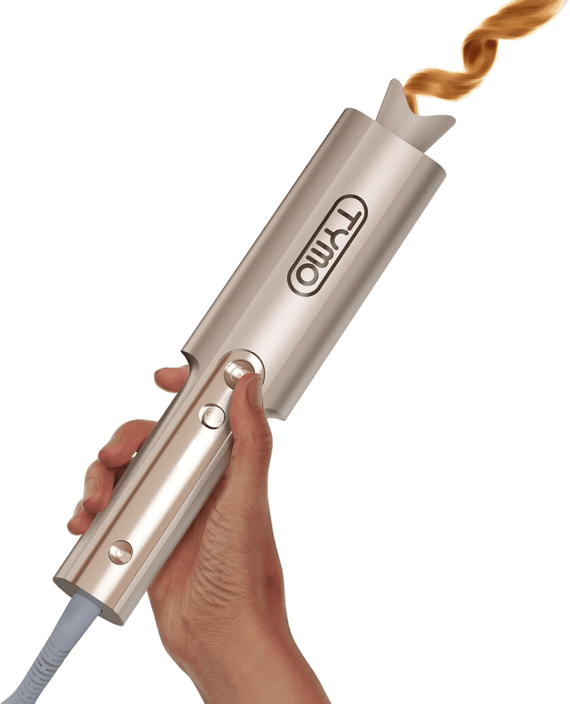 A hand holding a Tymo curling wand with a strand of hair being wrapped around it.