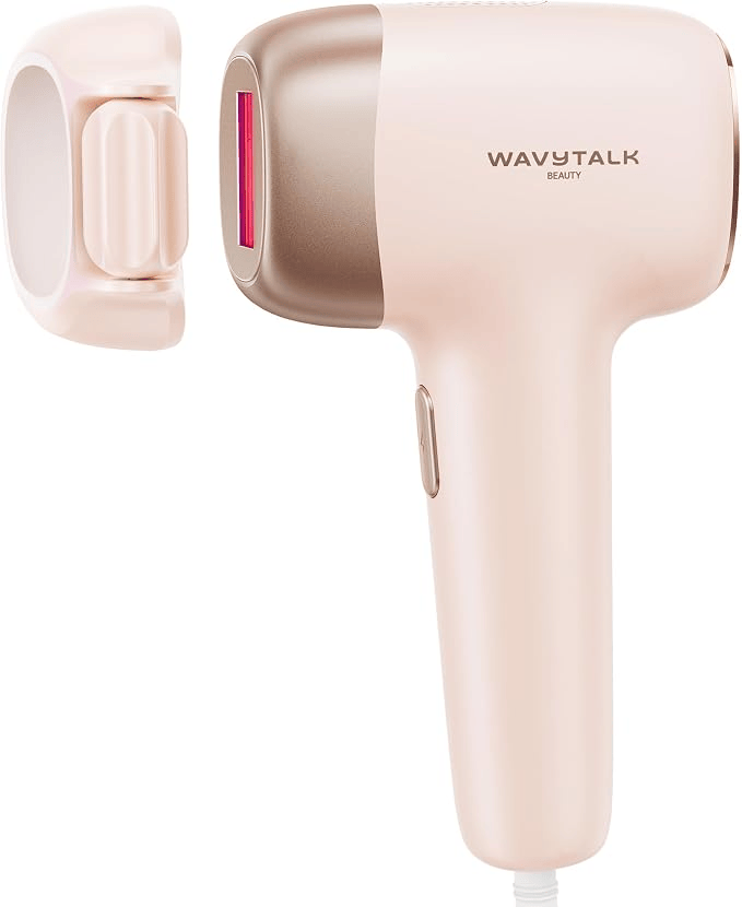 A beauty device with a modern design featuring a pink handle and a square head with a red light indicator, alongside a detachable component.