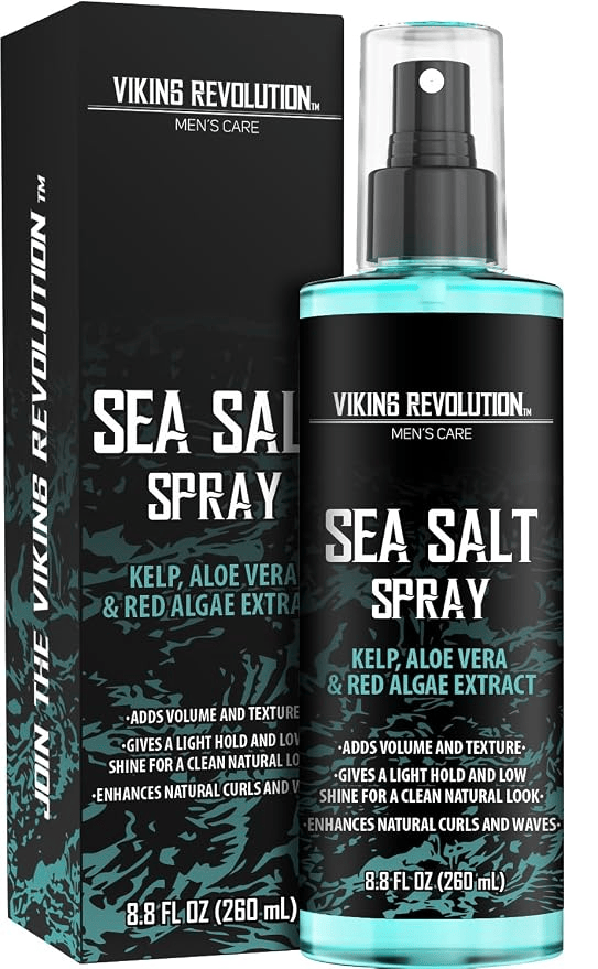 A bottle of Viking Revolution Sea Salt Spray for men's hair care, featuring key ingredients like kelp, aloe vera, and red algae extract. The spray adds volume and texture, provides light hold, and enhances natural curls and waves.