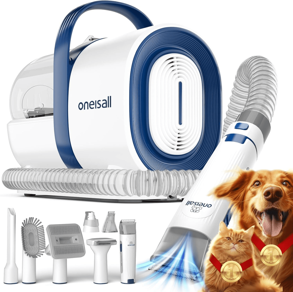 A multifunctional vacuum cleaner designed for pet hair removal, featuring a blue and white body, detachable attachments, and a flexible hose. It includes specialized tools for cleaning pets, along with images of a dog and a cat wearing medals.