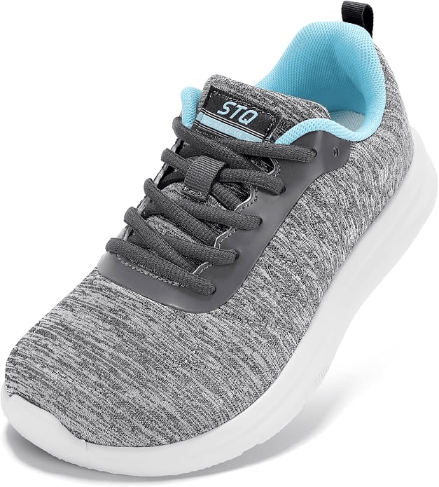 Gray athletic shoe with a light blue interior and laces, featuring a stylish design.