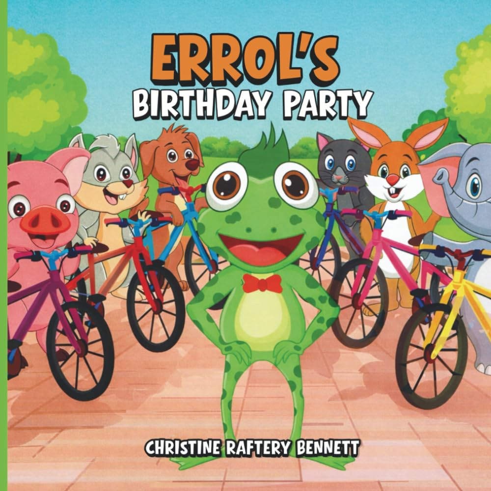 Colorful book cover for 'Errol's Birthday Party' featuring a cheerful frog in a bow tie surrounded by various cartoon animal friends on bicycles.