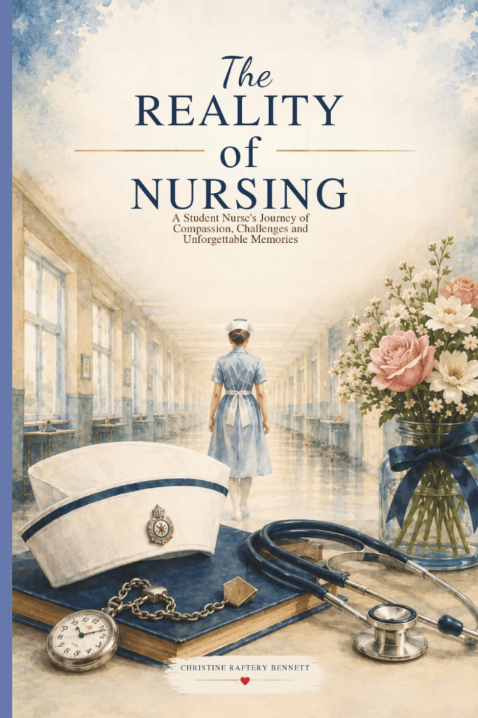 Book cover titled 'The Reality of Nursing' featuring a nurse walking down a hospital corridor, accompanied by a nurse's cap, a stethoscope, and a vase of flowers.