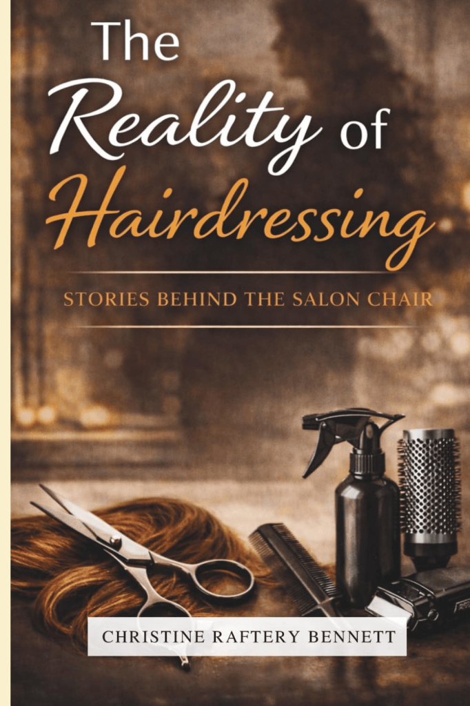 Book cover titled 'The Reality of Hairdressing' by Christine Raftery Bennett, featuring hairstyling scissors, hair products, and a brush set against a blurred salon background.