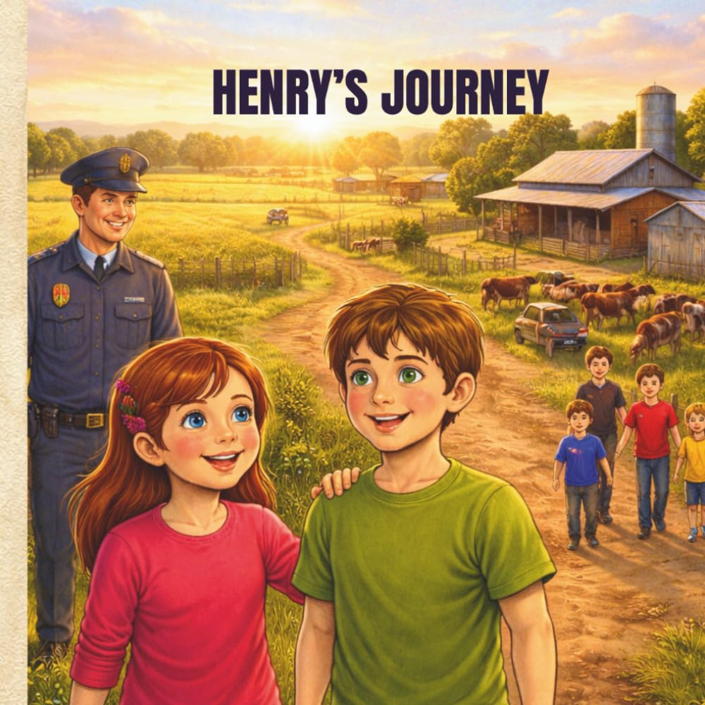 Illustration of a girl and a boy holding hands, smiling on a rural path, with a police officer in the background and a pastoral scene featuring cows and a barn.
