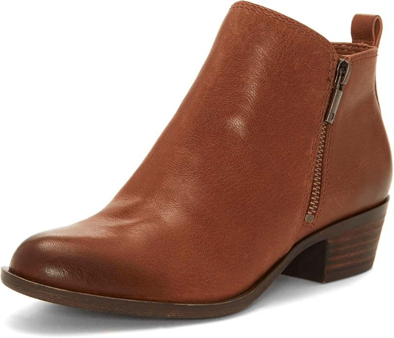 Brown leather ankle boot with a side zipper and a low stacked heel.