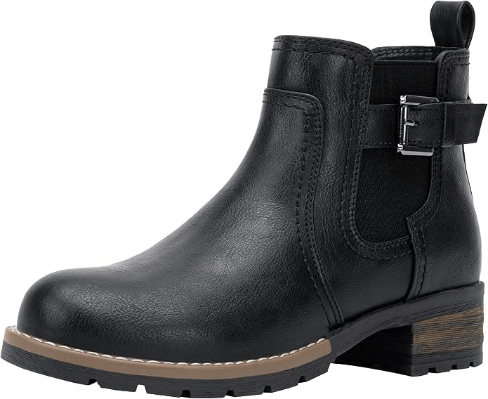 Black ankle boot with side elastic and buckle detail, featuring a low heel.