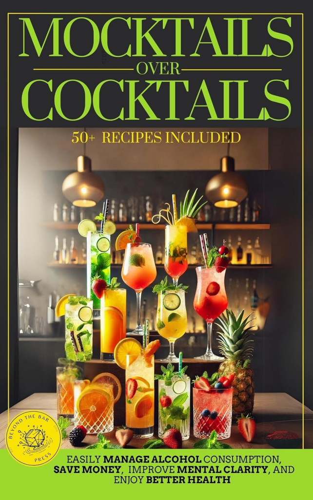 A vibrant display of various colorful mocktail drinks on a wooden surface, featuring fruits and garnishes, with a background of blurred bar elements. Text overlay promoting a collection of over 50 mocktail recipes.