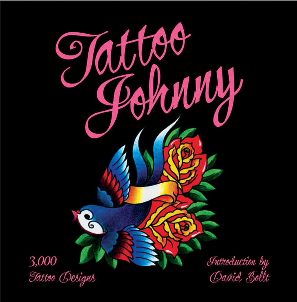 Book cover for 'Tattoo Johnny' featuring colorful tattoo designs, including a blue bird and red roses against a black background.