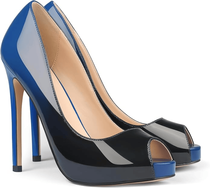 A pair of stylish black and blue high-heeled peep-toe shoes with a glossy finish.