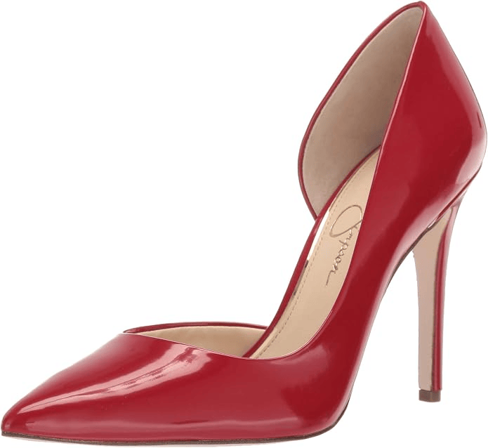 A stylish red patent leather high heel pump with a pointed toe and a stiletto heel.